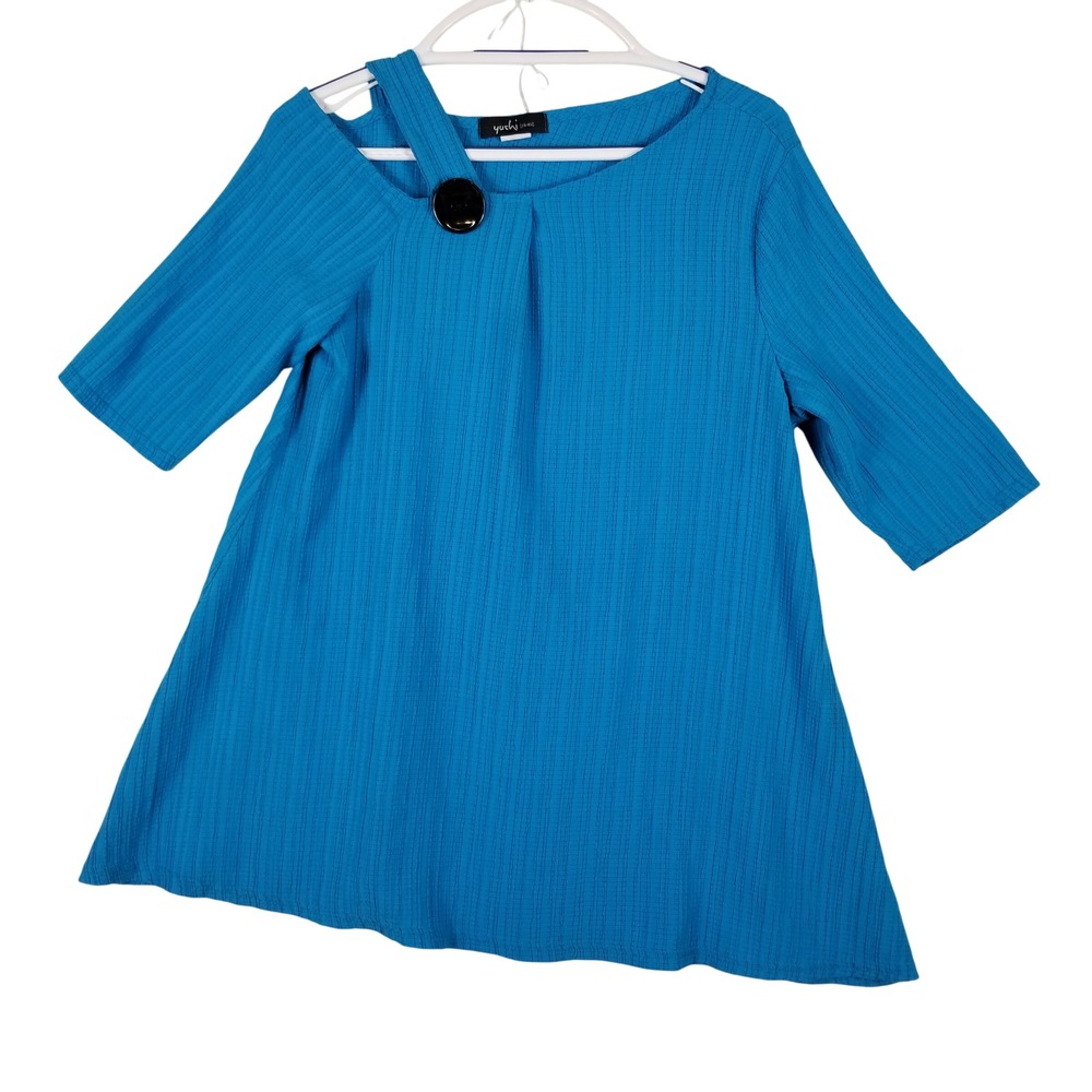 Yushi Womens Teal Blue Textured Cold Shoulder Button Accent Tunic Top Size M
